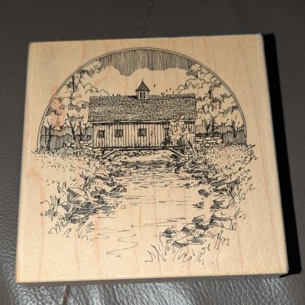 Impression Obsession H1470 Covered Bridge Stream Creek Wood Mounted Rubber Stamp